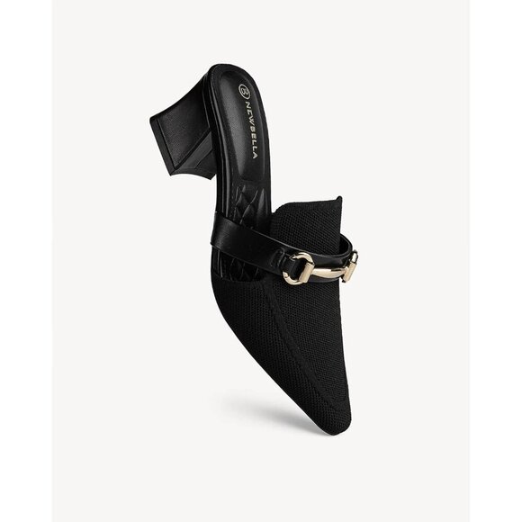 🆕Mousse Fit Black Mesh Knit Mules Women’s Pointed Toe Block Heel Slip-On Slides - Picture 2 of 5